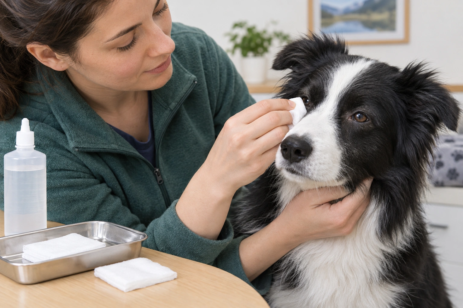 Owner gently cleaning a dog eye with saline