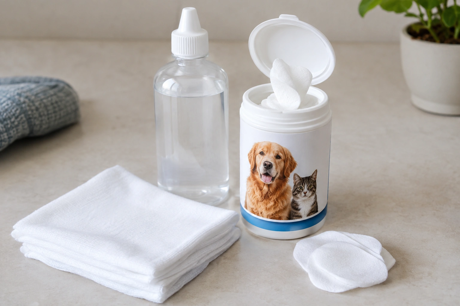Clean cloth, sterile saline, and vet-approved eye wipes arranged for gentle dog eye cleaning