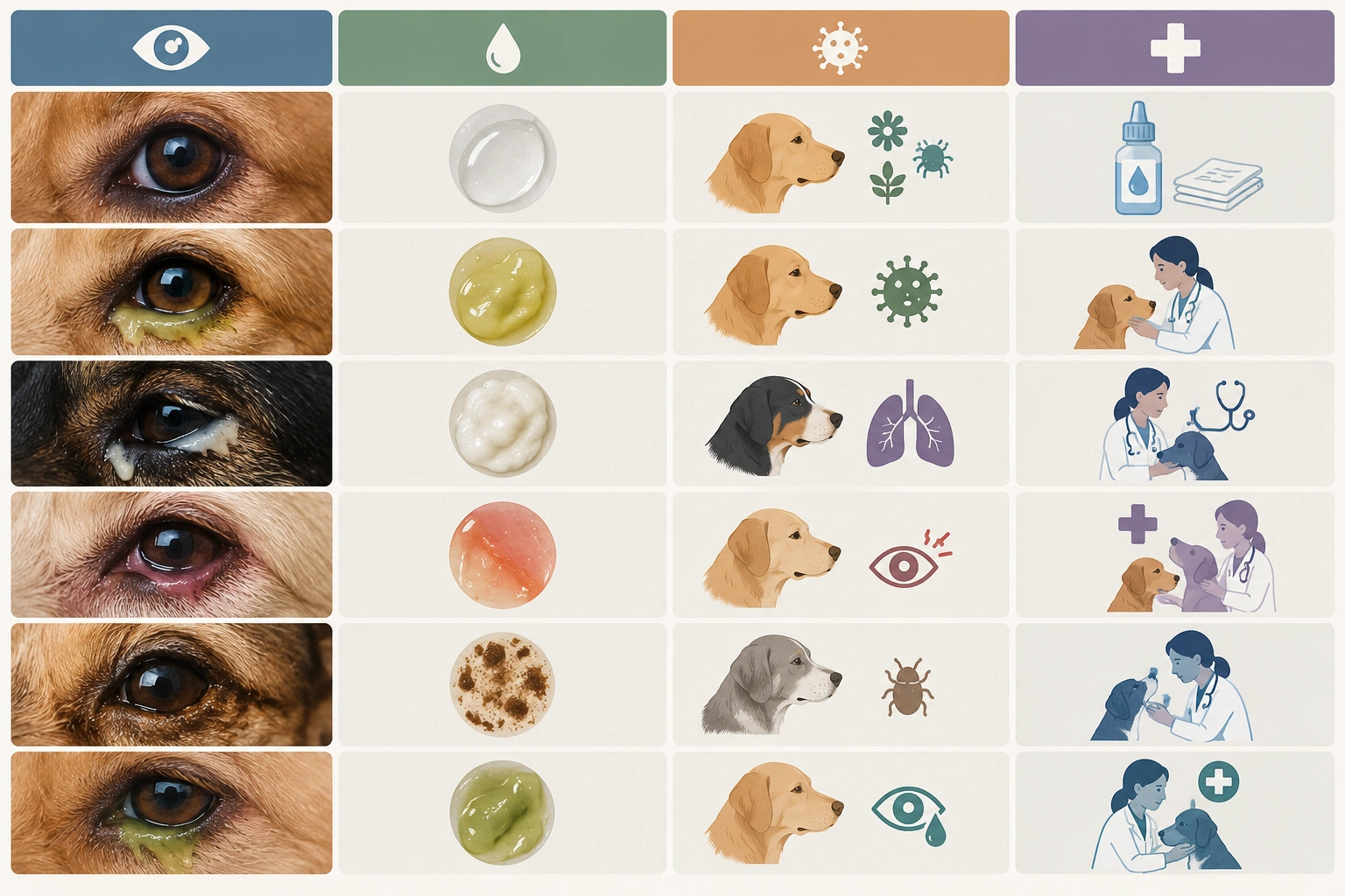 Table showing dog eye discharge colors, likely causes, and when to see a vet