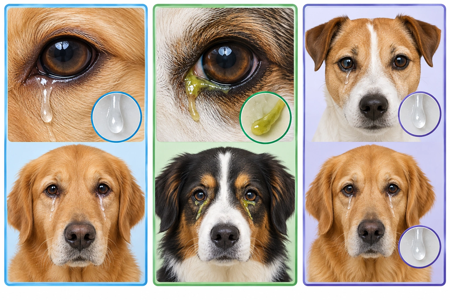 Comparison of dog eye discharge patterns showing clear watery and thick colored discharge