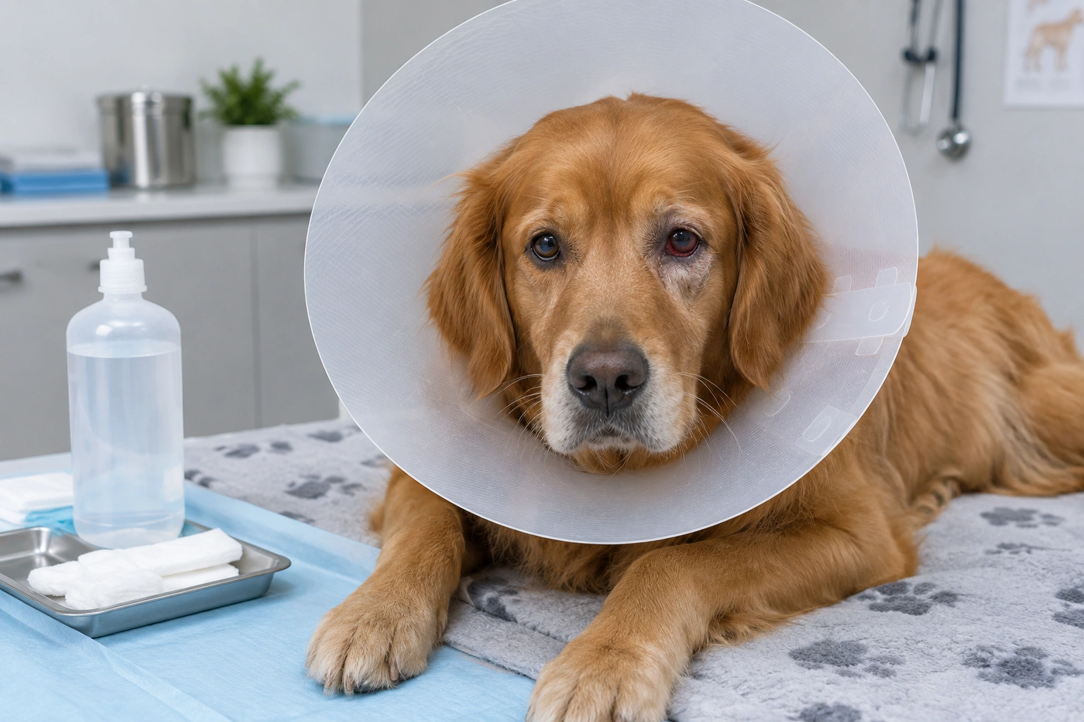 Dog wearing an Elizabethan collar after eye irritation