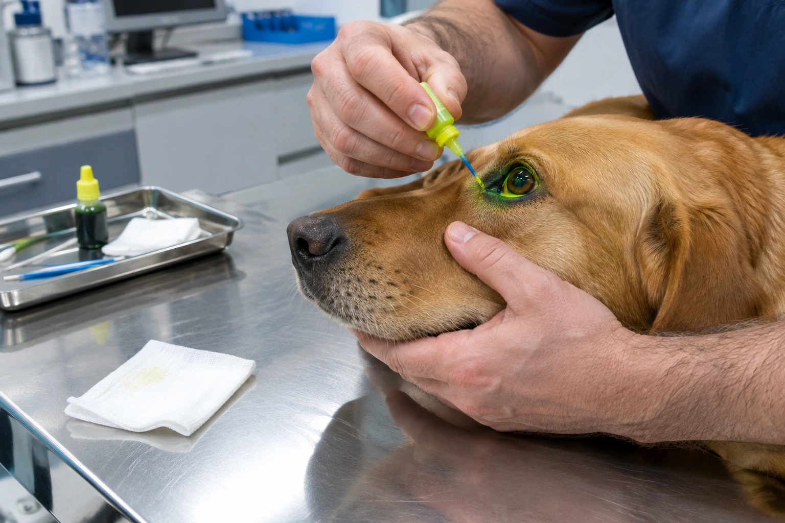 Veterinarian examining a dog eye with diagnostic stain