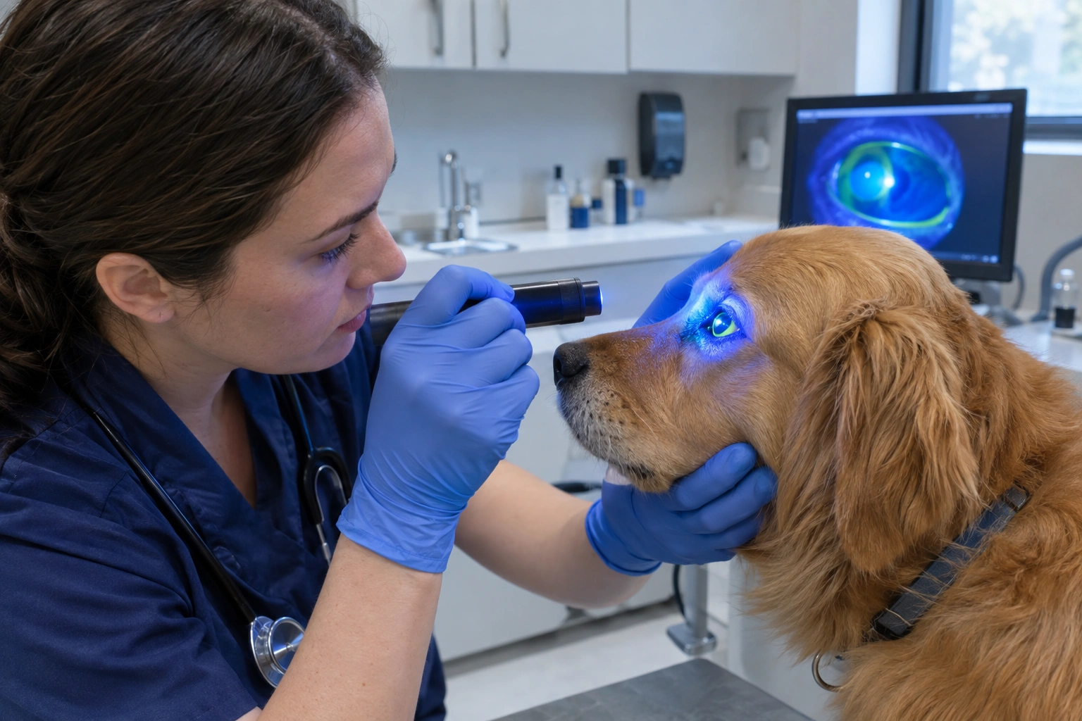 Veterinarian performing a fluorescein stain eye exam on a dog