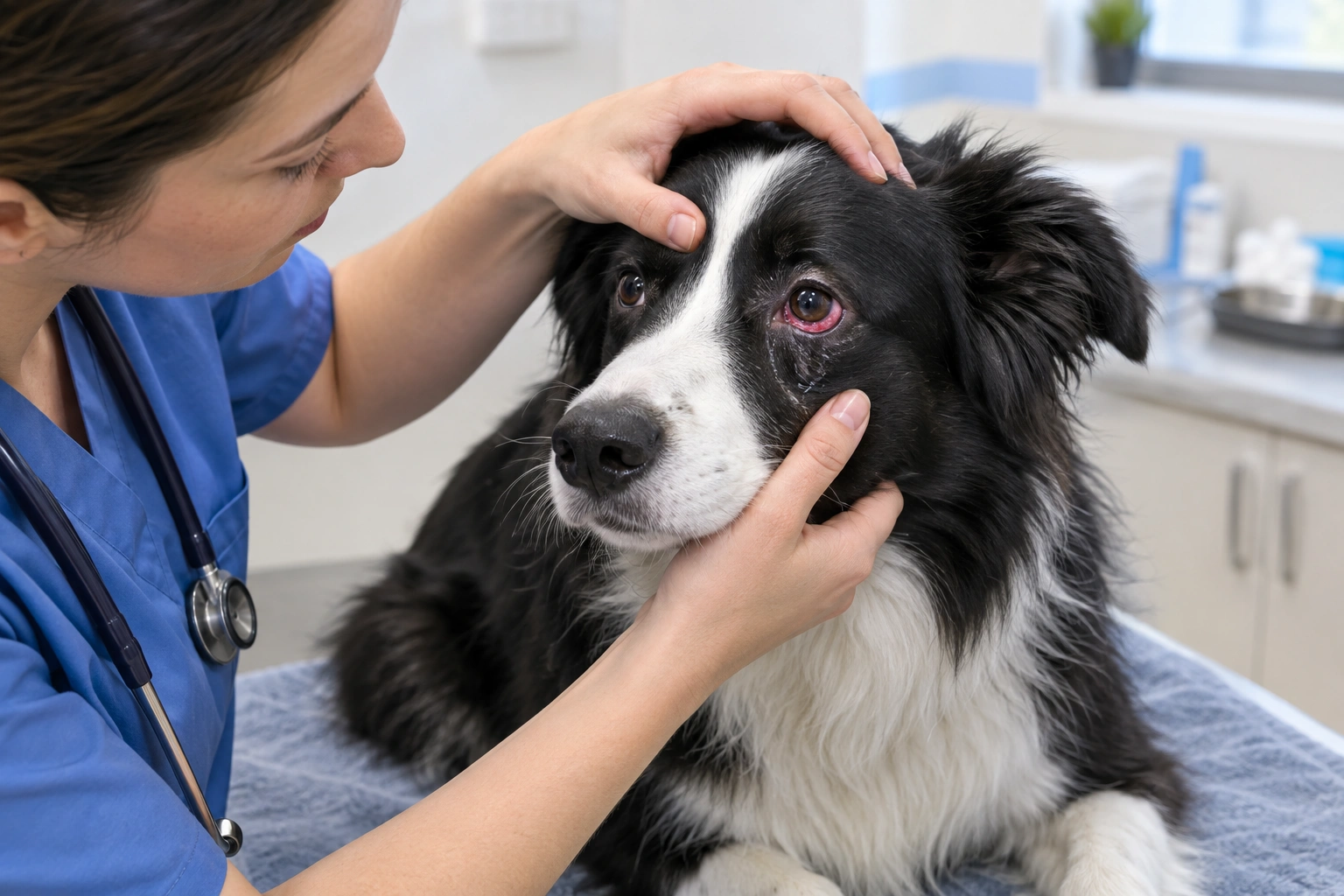 Border Collie owner checking a dog’s red eye for signs of infection or injury