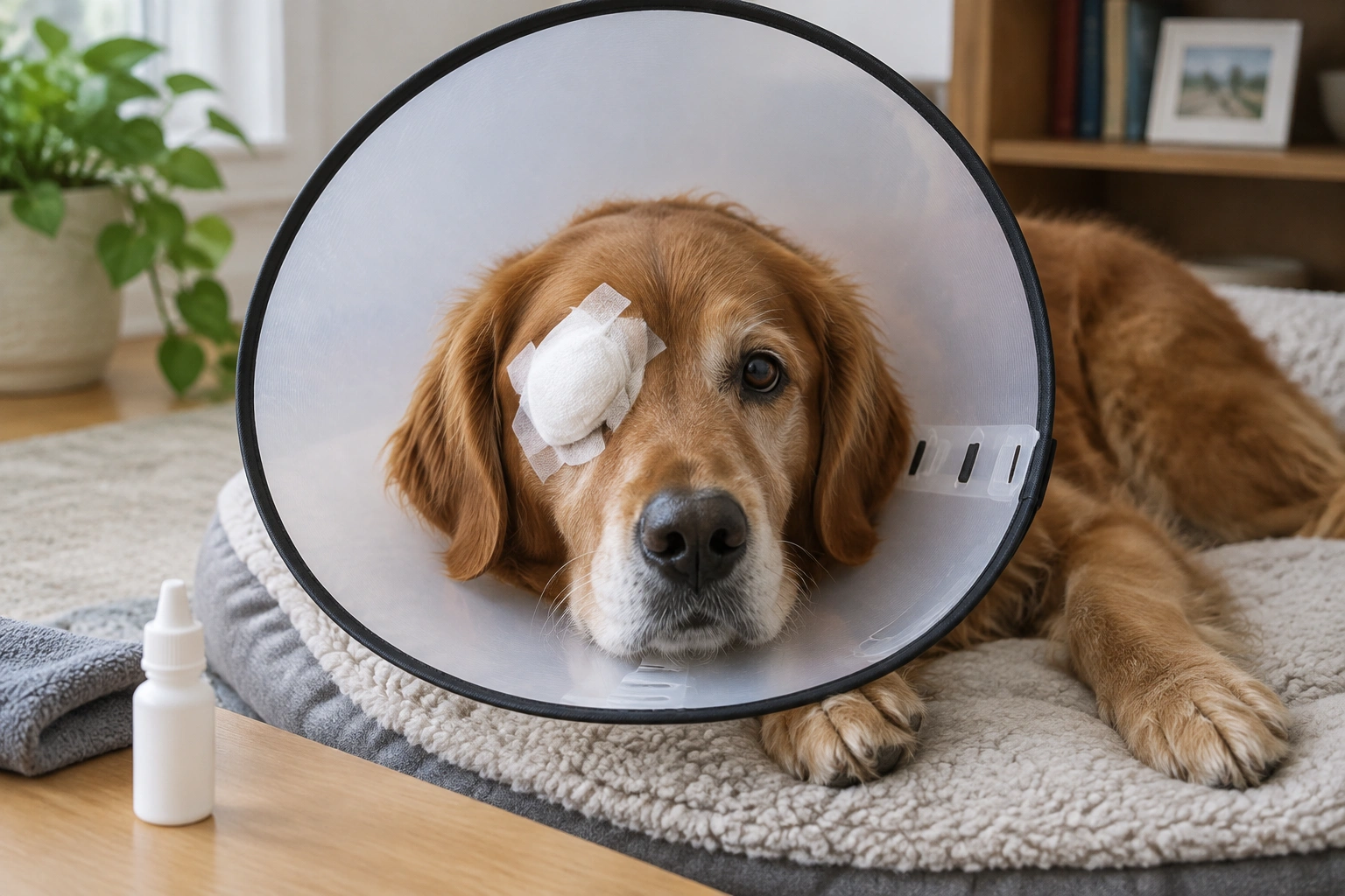 Dog wearing an e-collar after eye treatment
