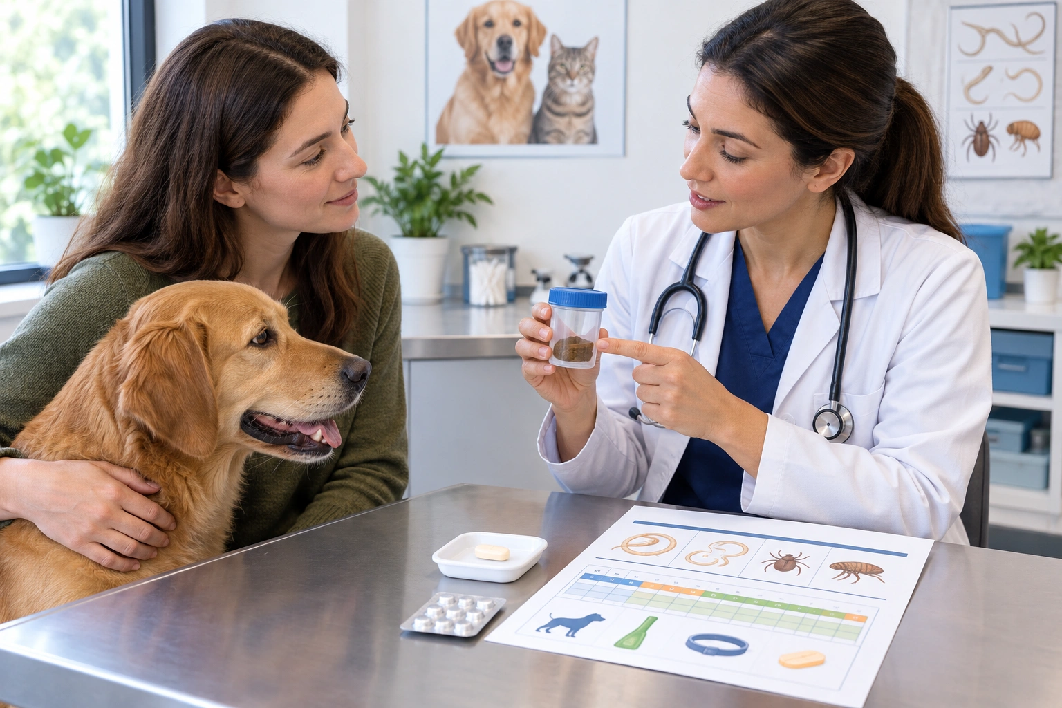 Dog owner discussing fecal testing and worming with a veterinarian
