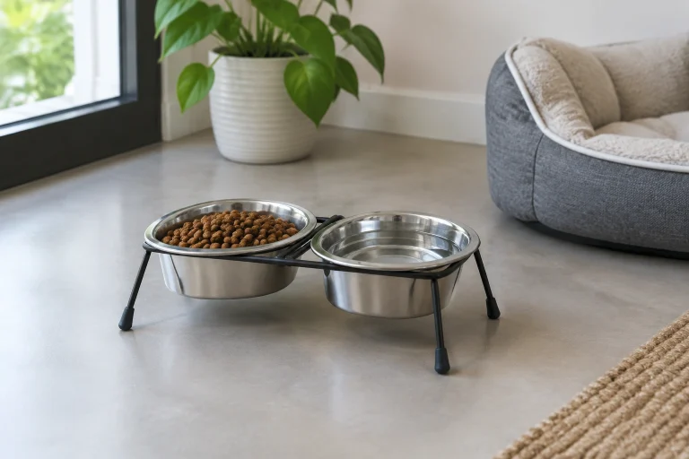 Dog food bowl and water bowl in a quiet room