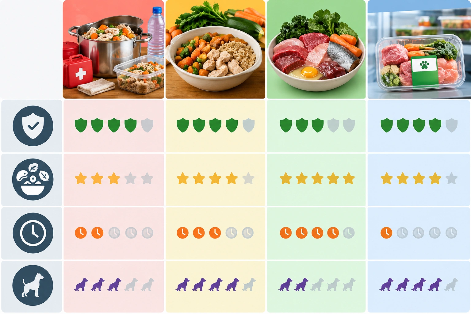 Comparison chart of emergency food, homemade cooked diet, raw diet, and commercial fresh food