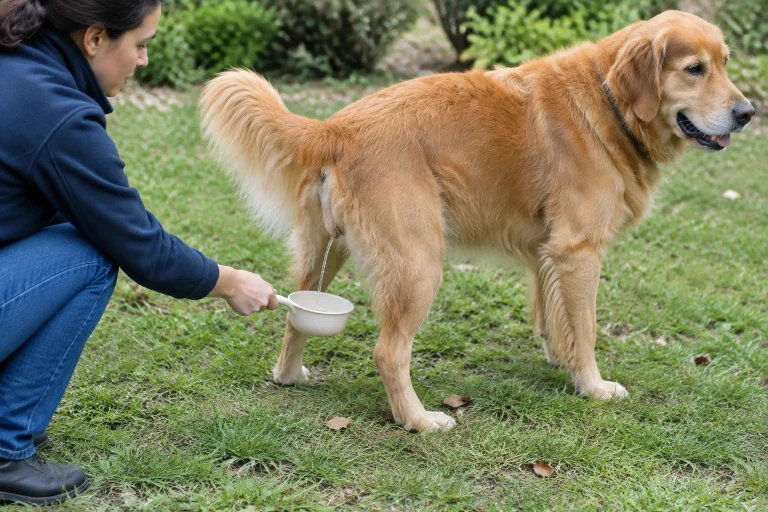 Shallow container positioned to catch a dog urine stream