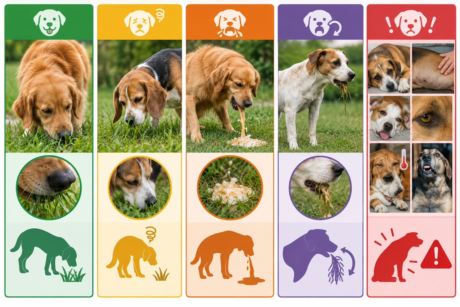 Comparison of normal grass-eating versus vomiting warning signs in dogs