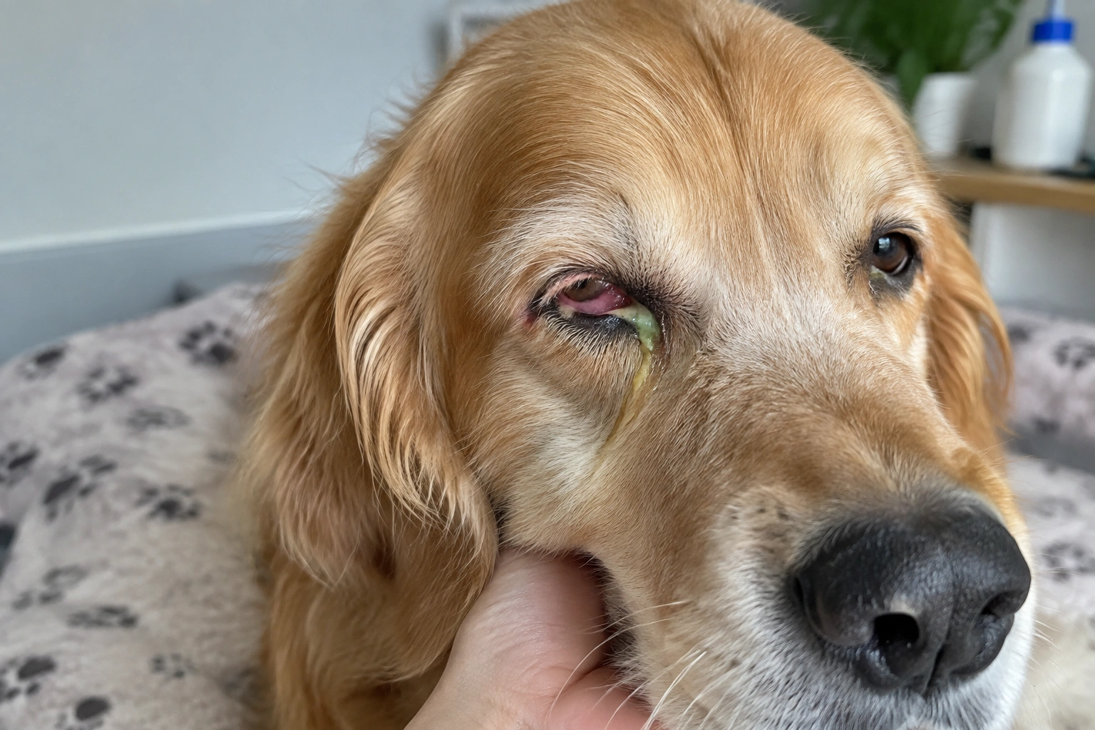 Dog with a red, irritated eye and green discharge