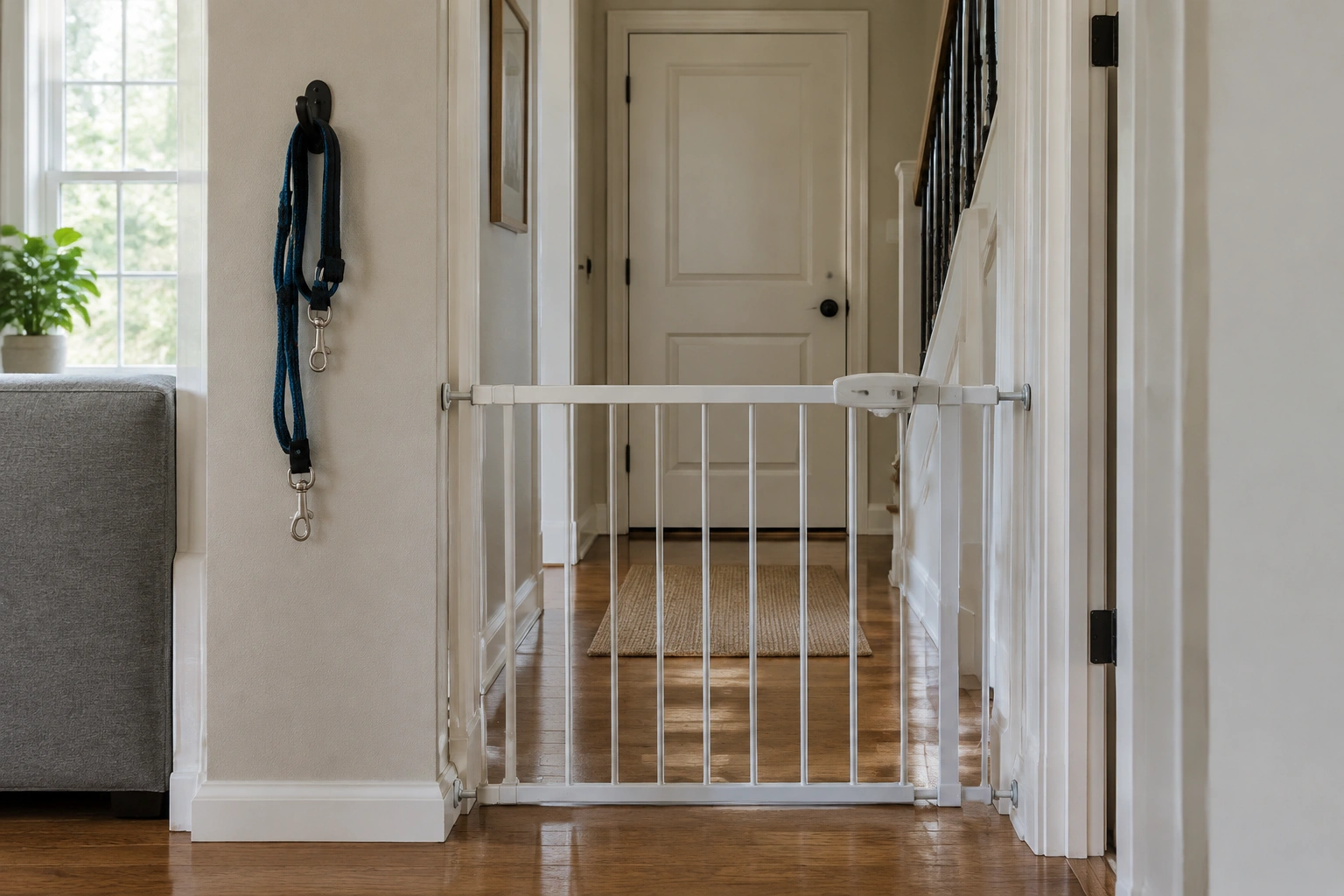 baby gate and leash setup in a home hallway