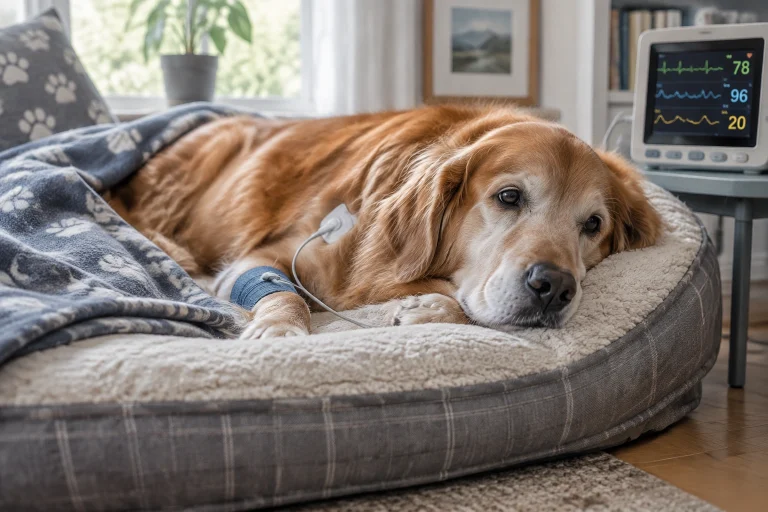 Dog resting quietly during heart failure monitoring