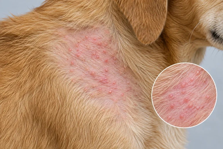Dog skin with small pink bumps and mild redness in a warm area