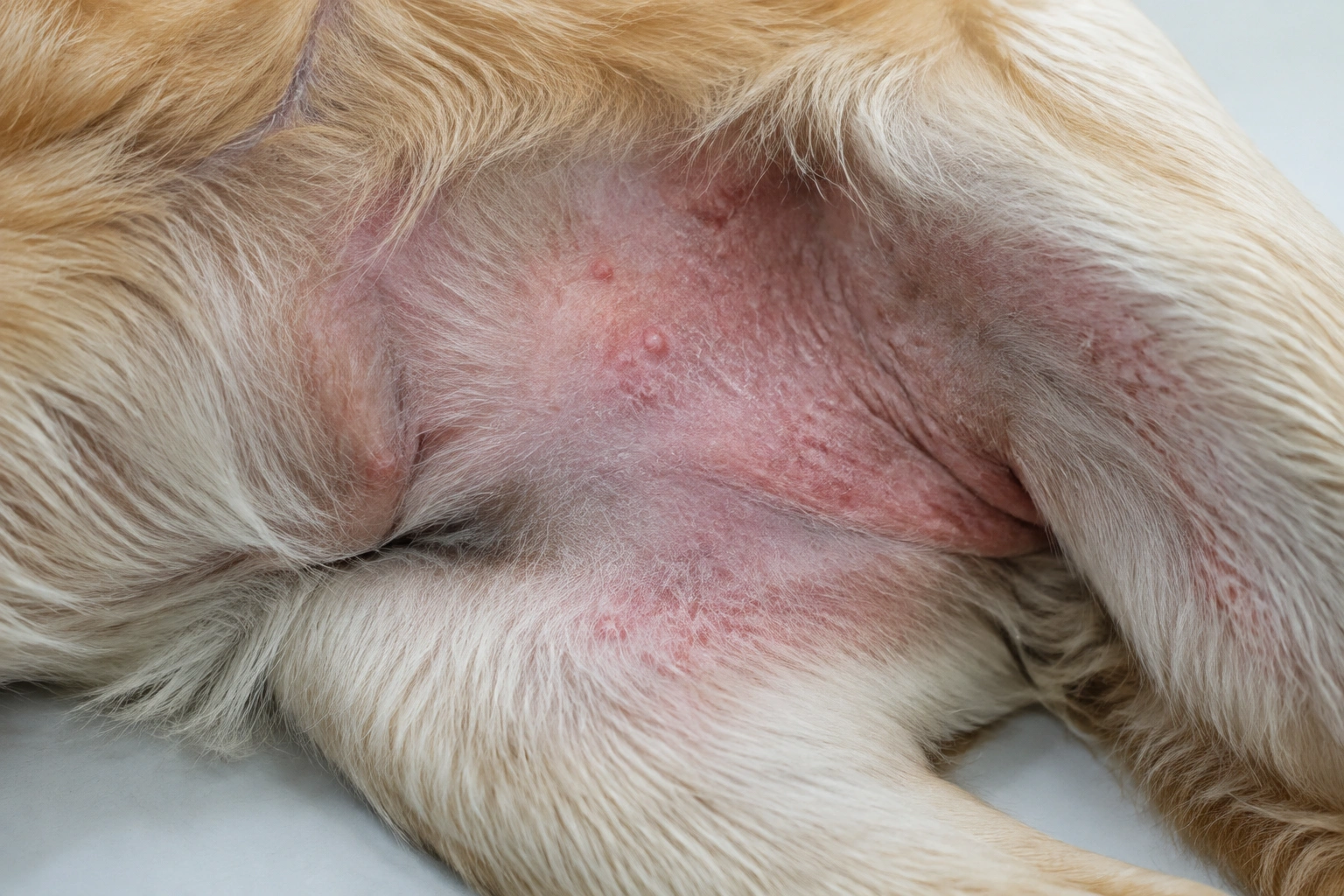 Close-up illustration of mild heat rash on a dog’s belly with red irritated skin and small bumps