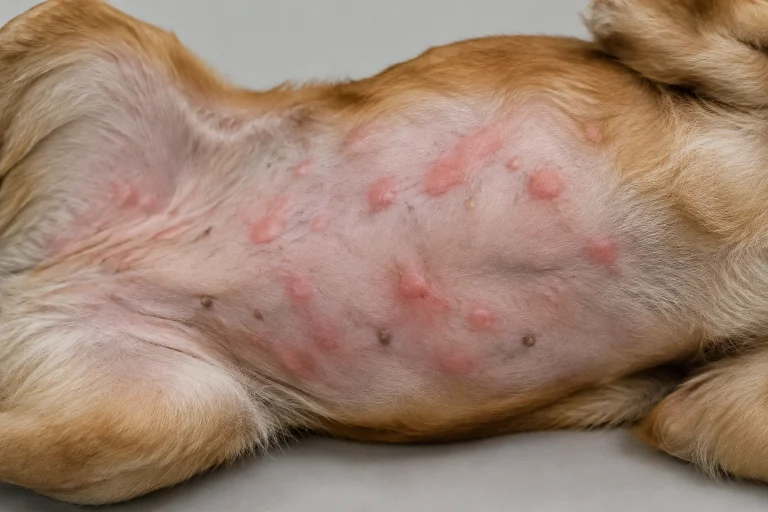 Close-up of a dog’s belly with raised hives