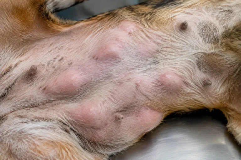 Close-up of a dog’s skin showing raised puffy welts consistent with hives