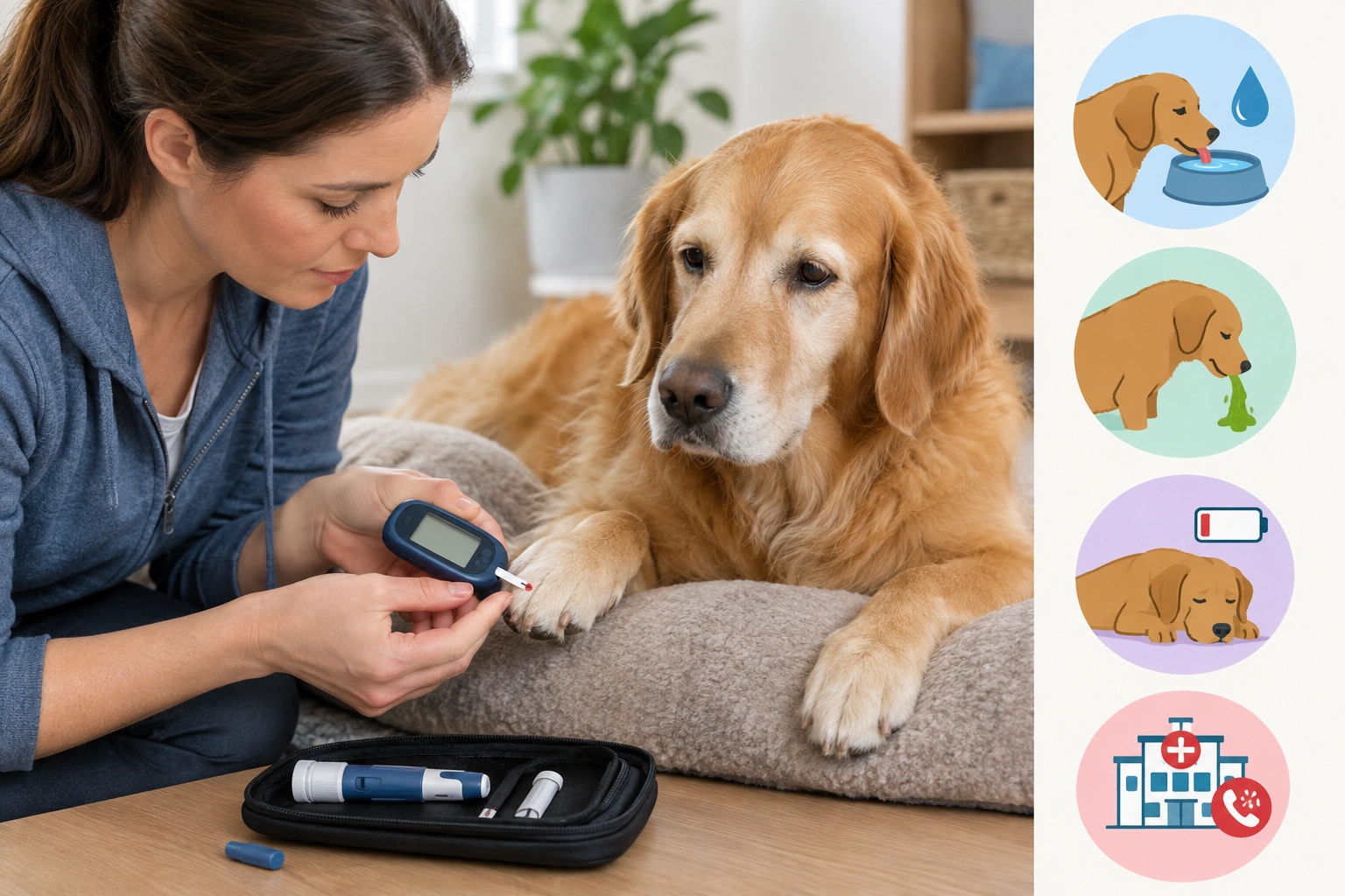 Dog owner checking blood glucose with a meter while watching for emergency symptoms