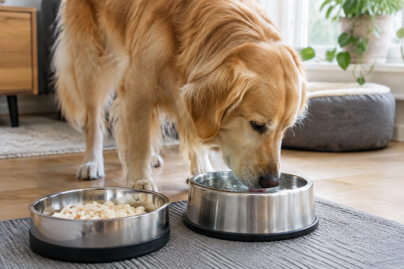 Dog drinking water beside a bowl of bland food during diarrhea recovery