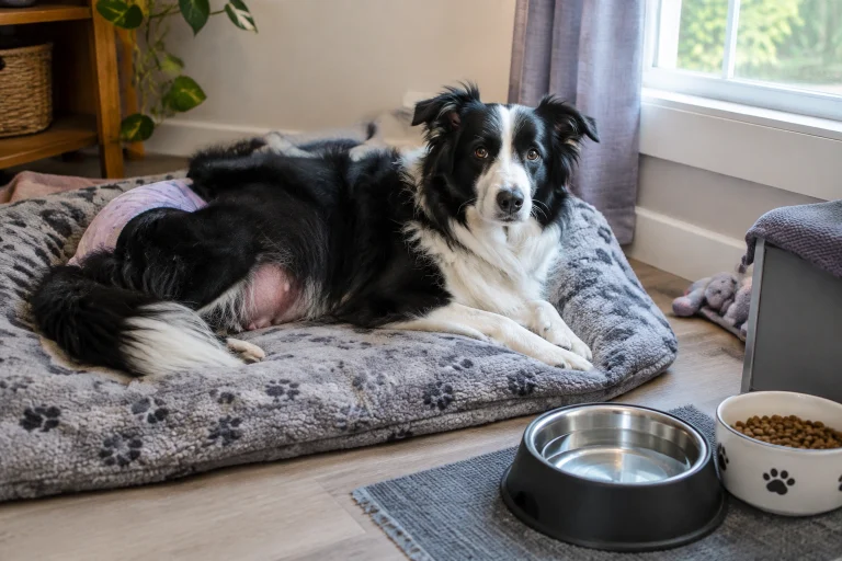 Female dog in heat being calmly monitored for appetite changes