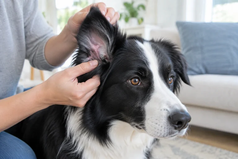 Owner checking a dog’s itchy ear for redness and debris