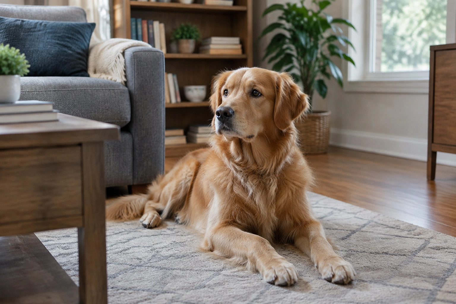 A calm dog looking around a quiet room