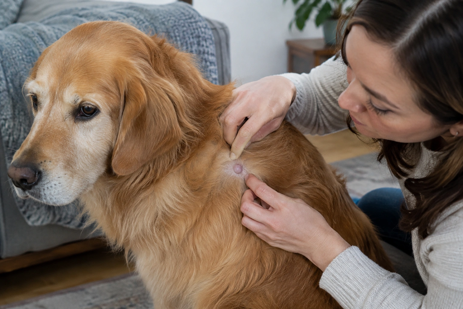 Dog owner checking a lump on a dog’s side