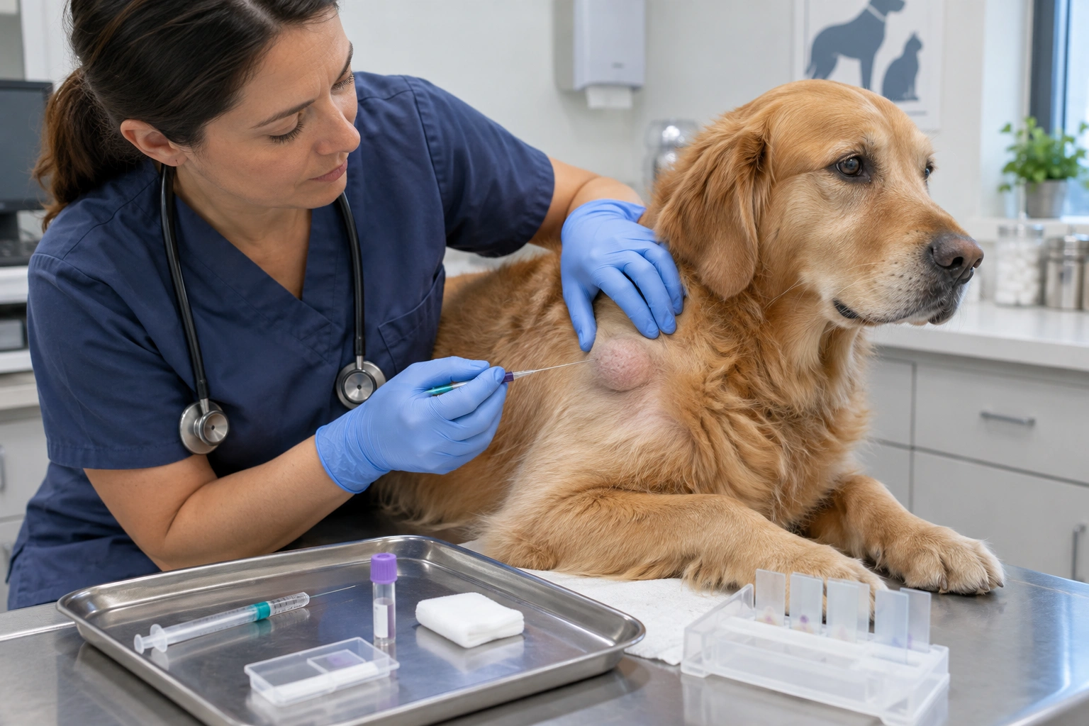 Veterinarian examining a dog lump with a fine needle aspirate