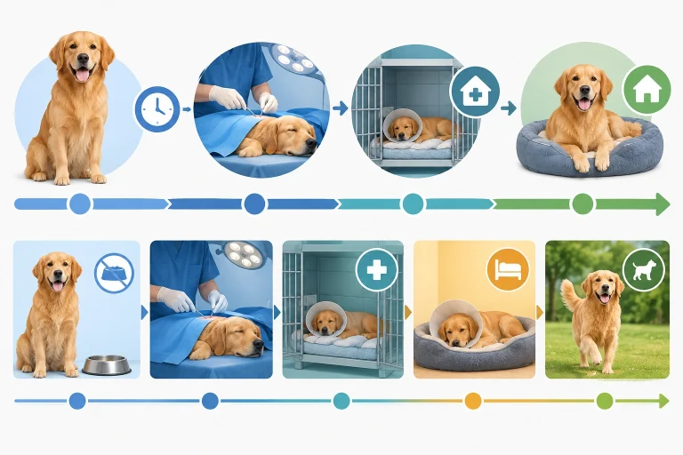 Timeline comparing neuter surgery time, clinic stay, and recovery period