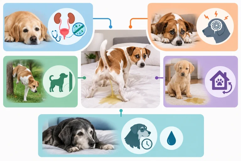 Comparison chart showing medical, behavioral, and age-related reasons a dog peed on the bed