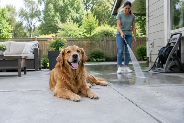 Dog owner cleaning urine from a concrete patio