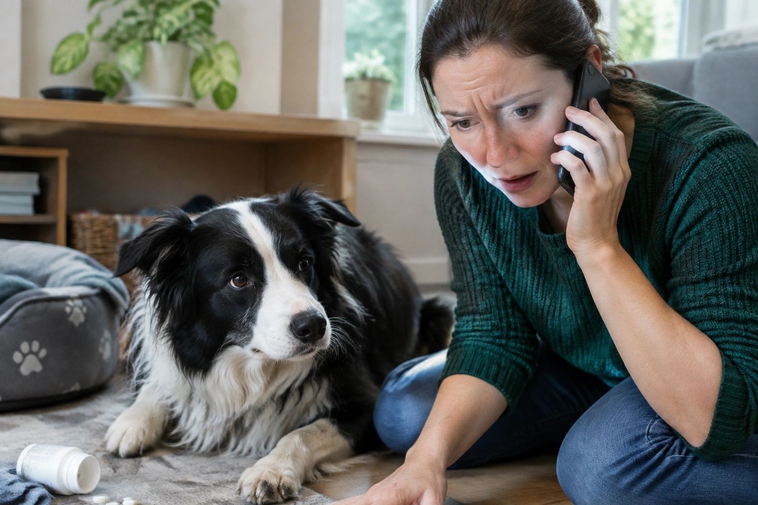 Dog owner calling a poison hotline after possible toxin exposure