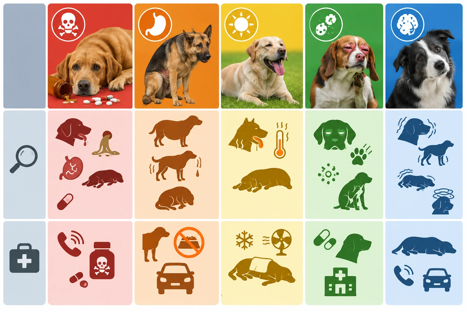 Comparison chart for poisoning, bloat, heatstroke, allergic reaction, and neurologic disease