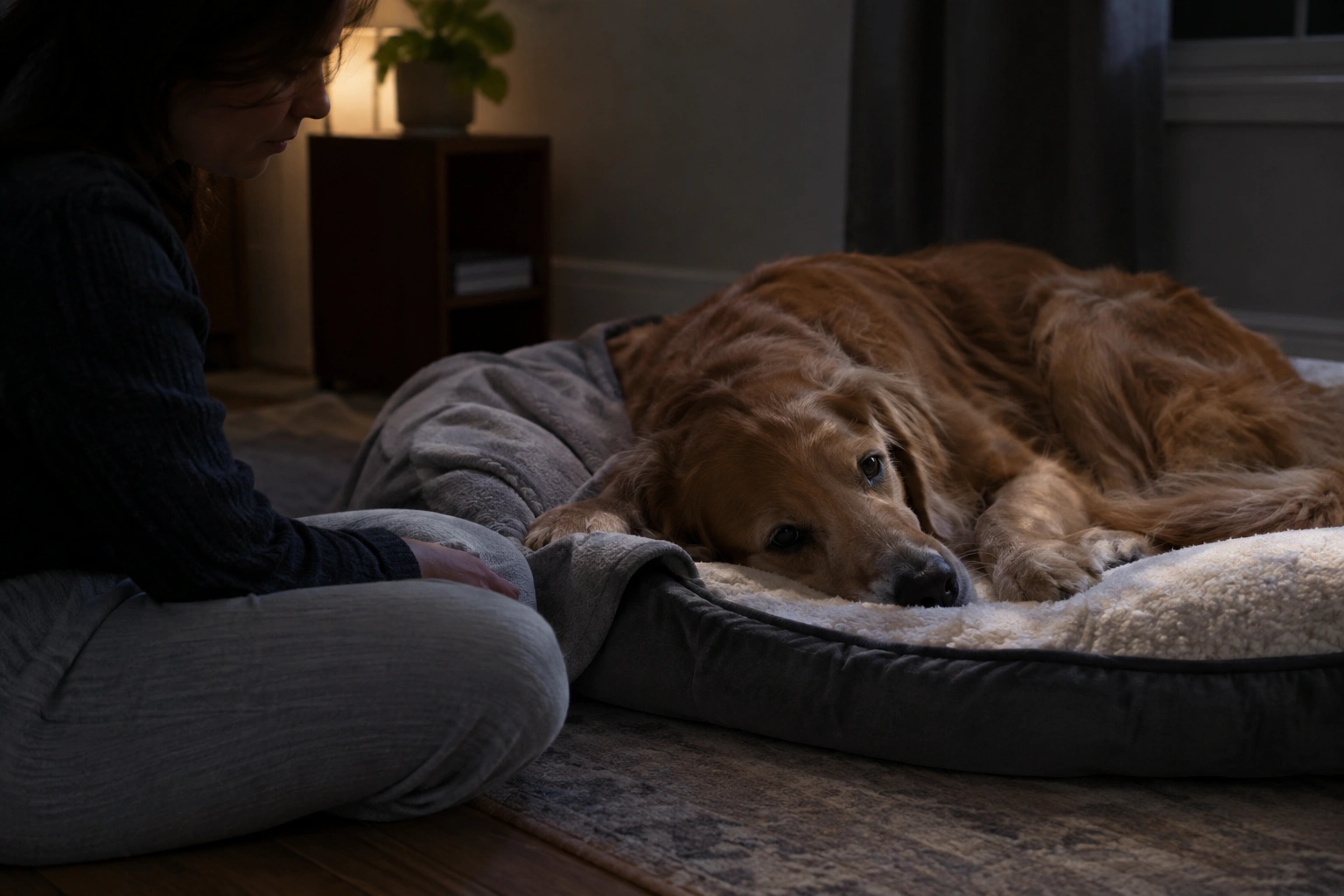 Dog recovering quietly after a seizure in a dim room