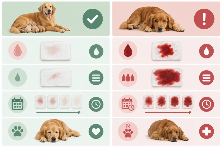 Comparison chart showing normal postpartum discharge versus concerning bleeding in dogs