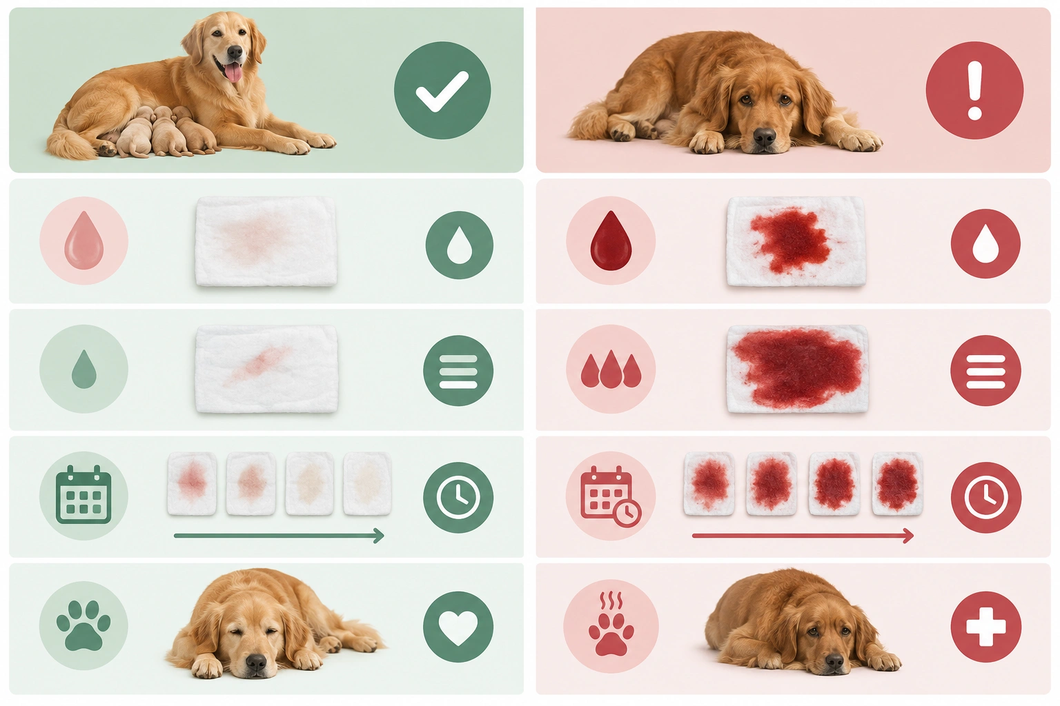 Comparison chart showing normal postpartum discharge versus concerning bleeding in dogs