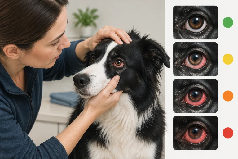 Border Collie owner checking red eye symptoms and urgency