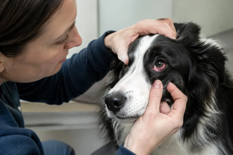 Dog with a red eye being checked for swelling and squinting