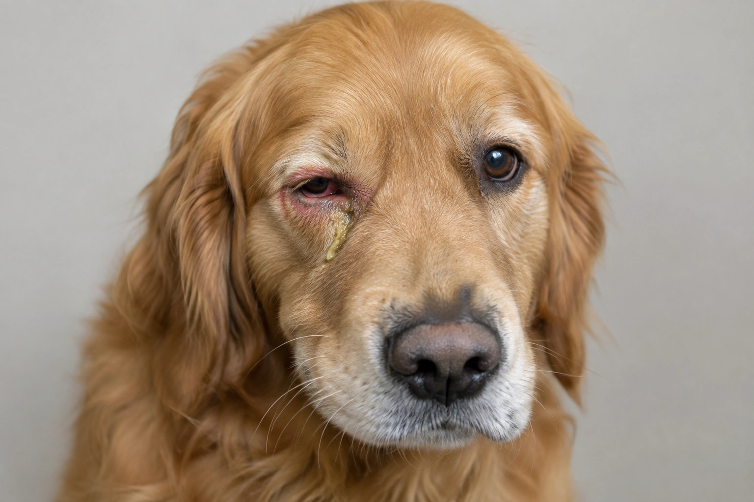 Dog with red irritated eye and yellow discharge