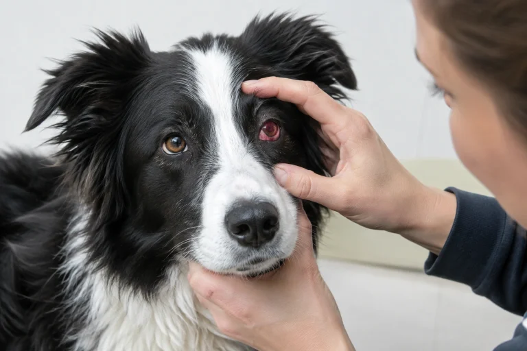 Border Collie with a red, irritated eye being examined