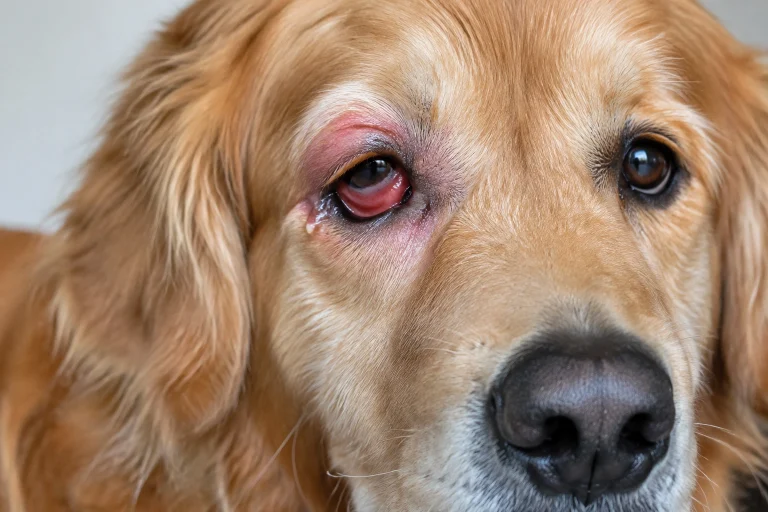 Close-up of a dog eye with redness and swelling