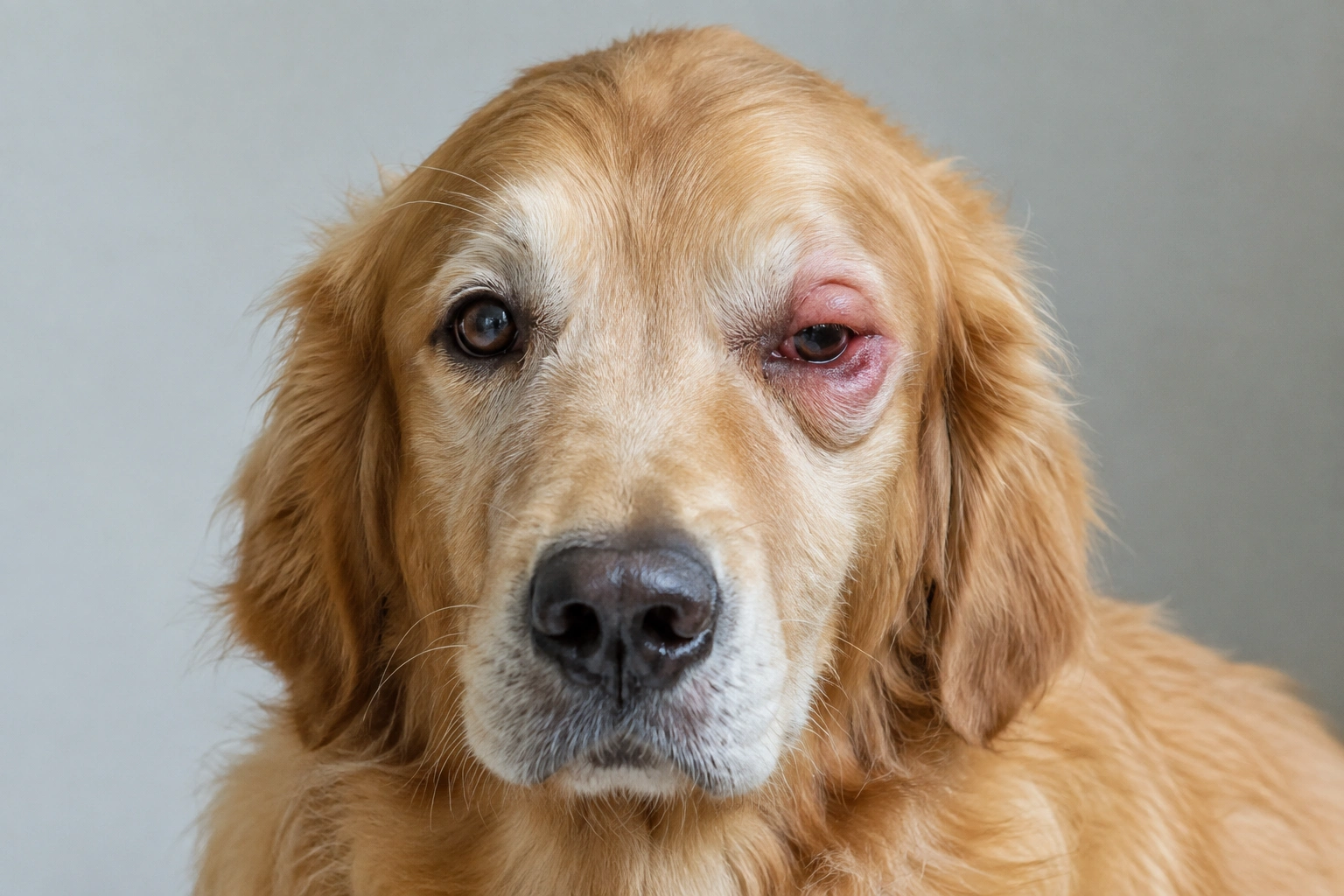 Dog with one red and swollen eye looking uncomfortable