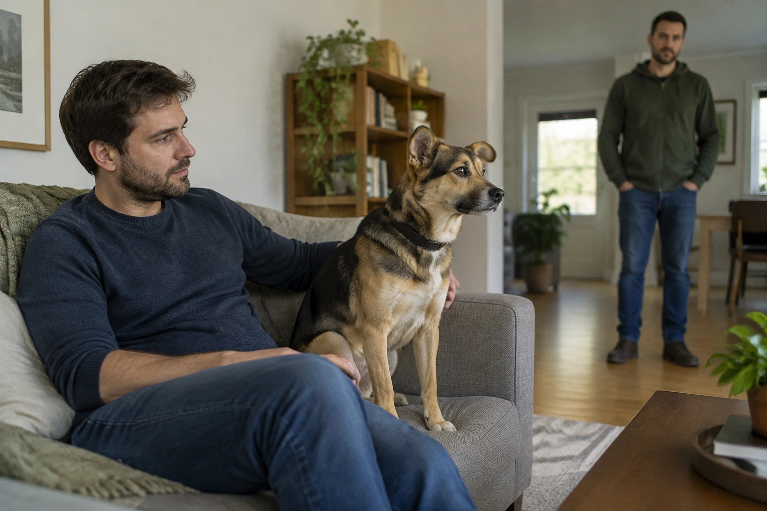 calm dog with stiff body language near a doorway