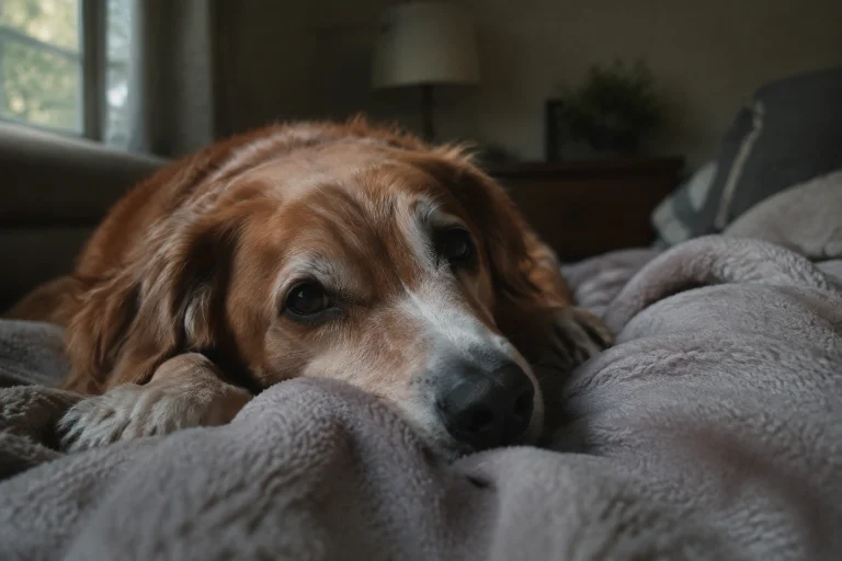Dog lying calmly on a soft blanket in a quiet room