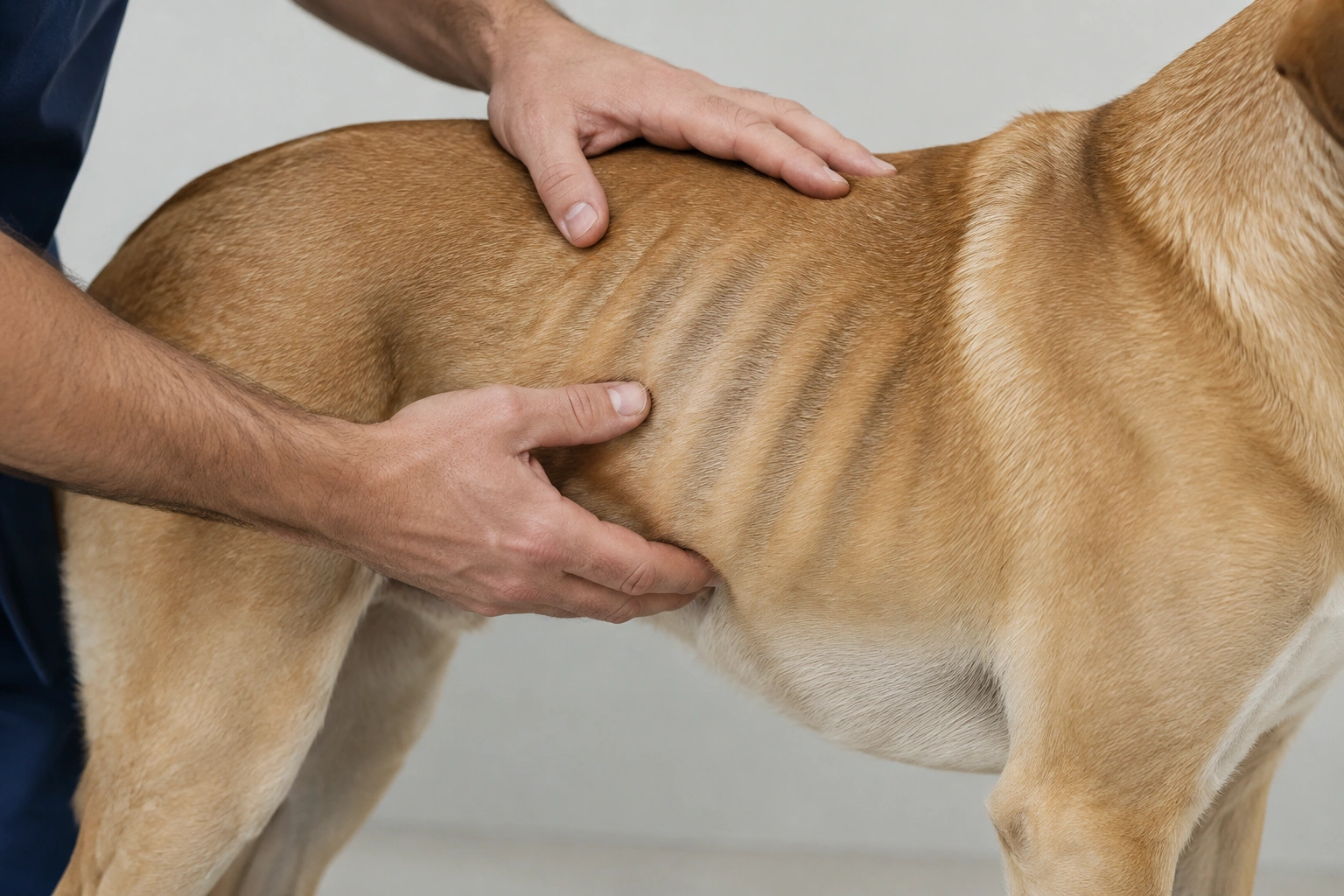 Hands feeling a dog’s ribcage to check for excess fat