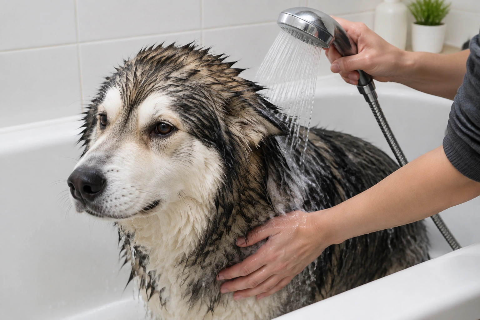 Dog being rinsed carefully in lukewarm water after shampooing