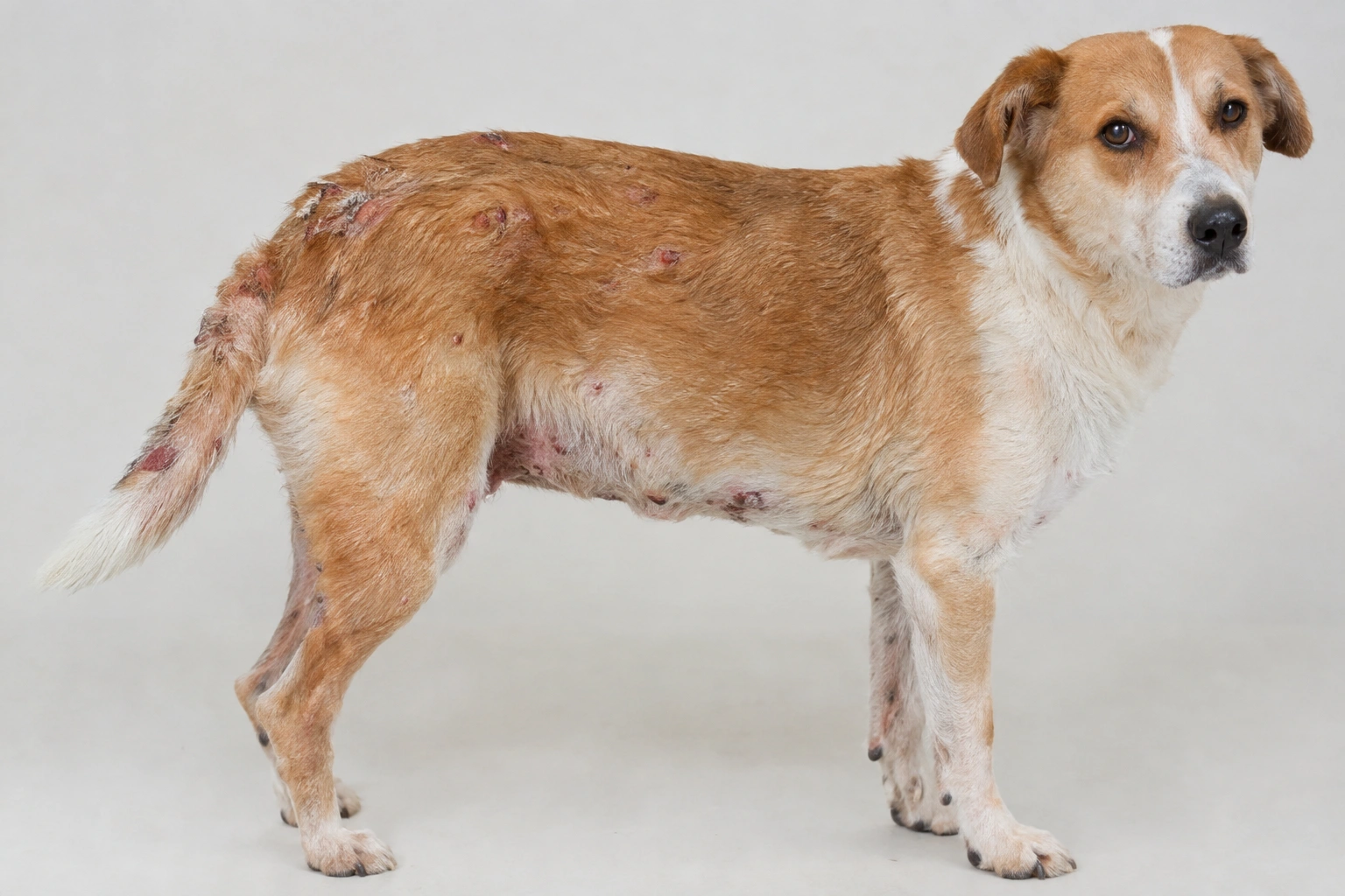 Dog with widespread skin scabs on the back and tail base