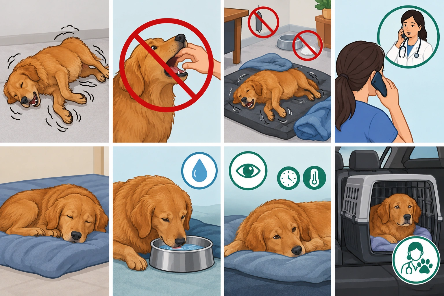 Checklist for first aid steps after a dog seizure linked to eating