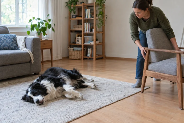 Owner moving hazards away while a dog has a seizure on the floor