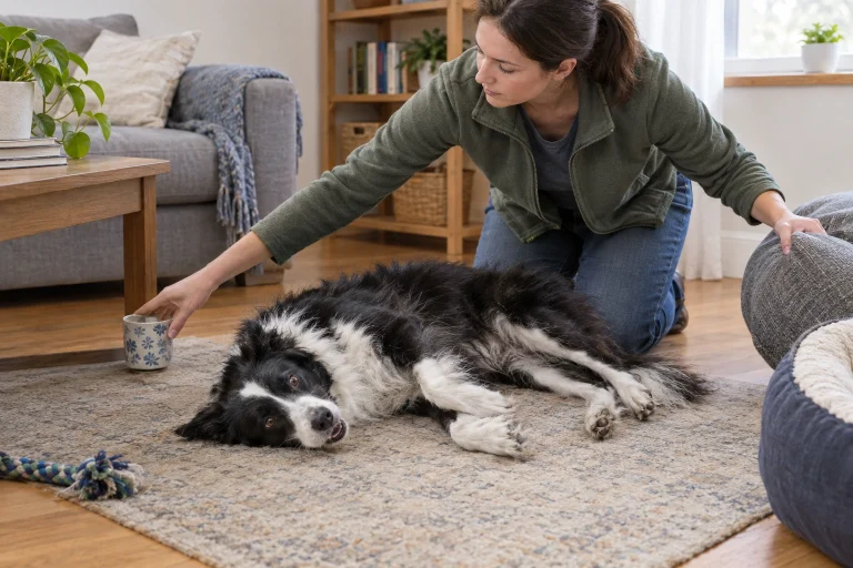 Owner protecting a dog safely during a seizure